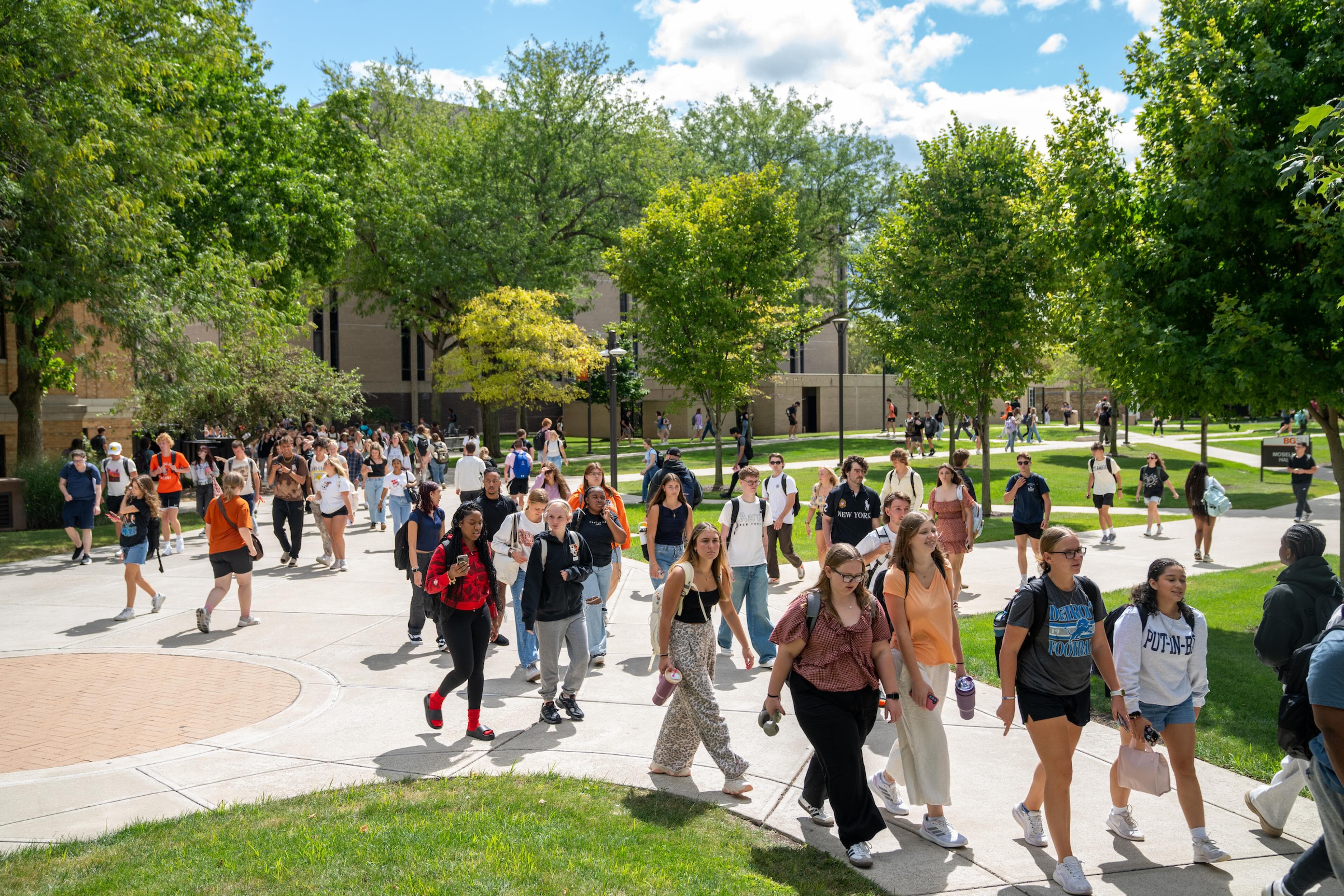 Students walk on campus at BGSU