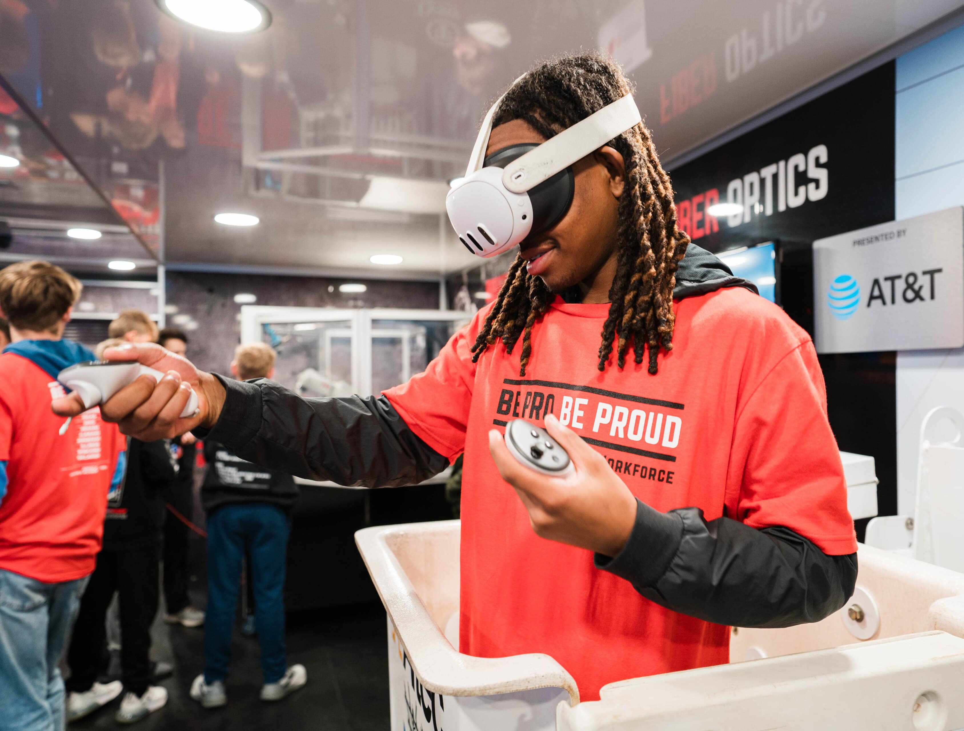 A person wearing a VR head set