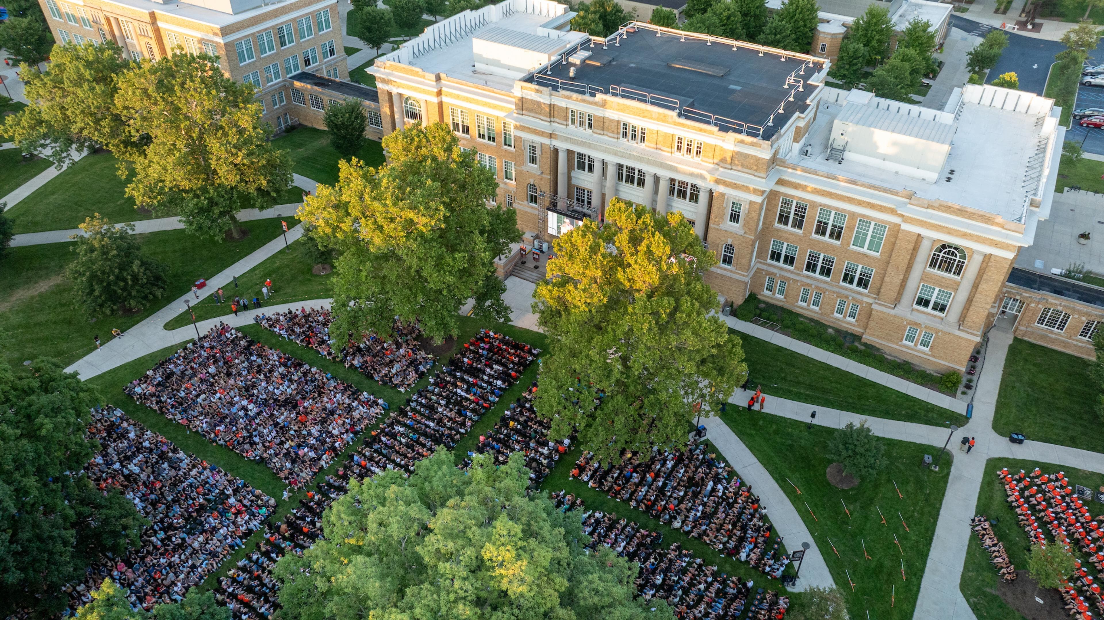 A drone image of Convocation at BGSU
