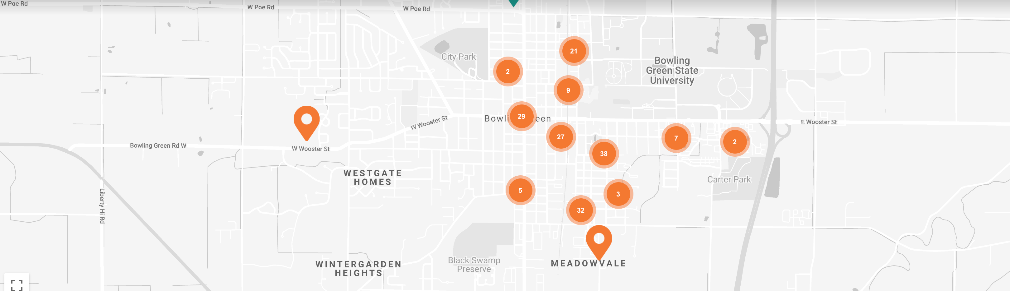 graphic of a city map with apartment locations highlighted around Bowling Green