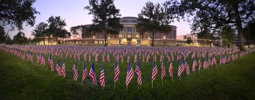 Thousands of U.S. flags arrayed on the lawn in front of University Hall commemorating 9/11