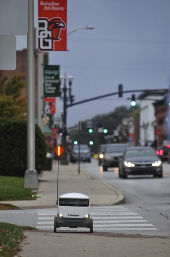 Starship robot delivering food in Bowling Green
