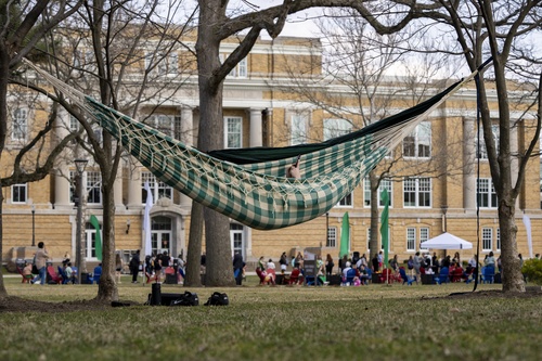 Student relaxes in hammock during Shamrock Social