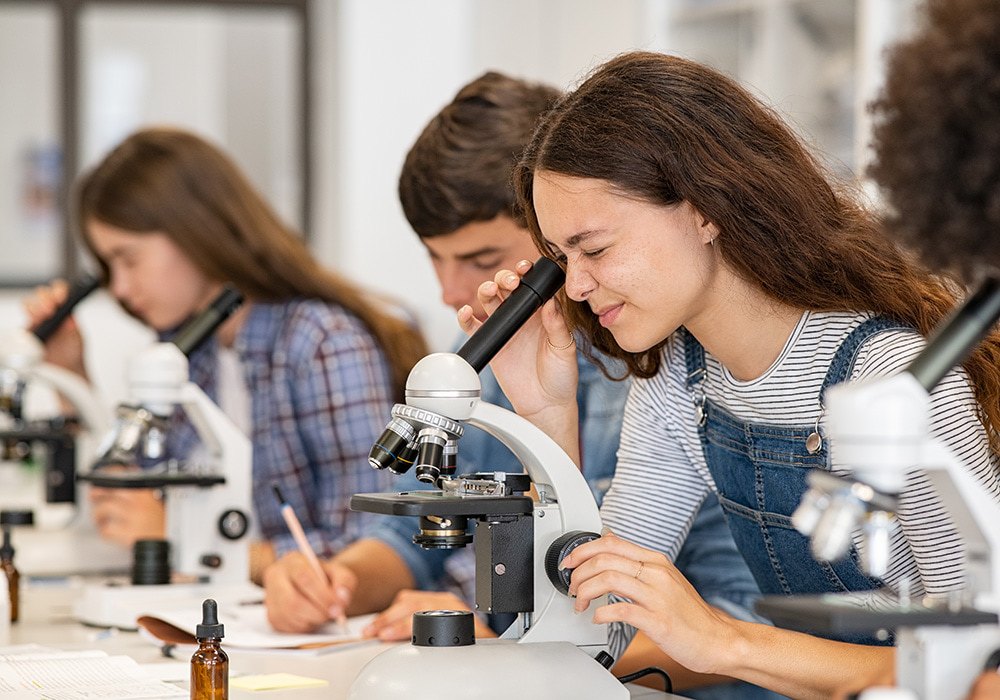 image of students using a microscope