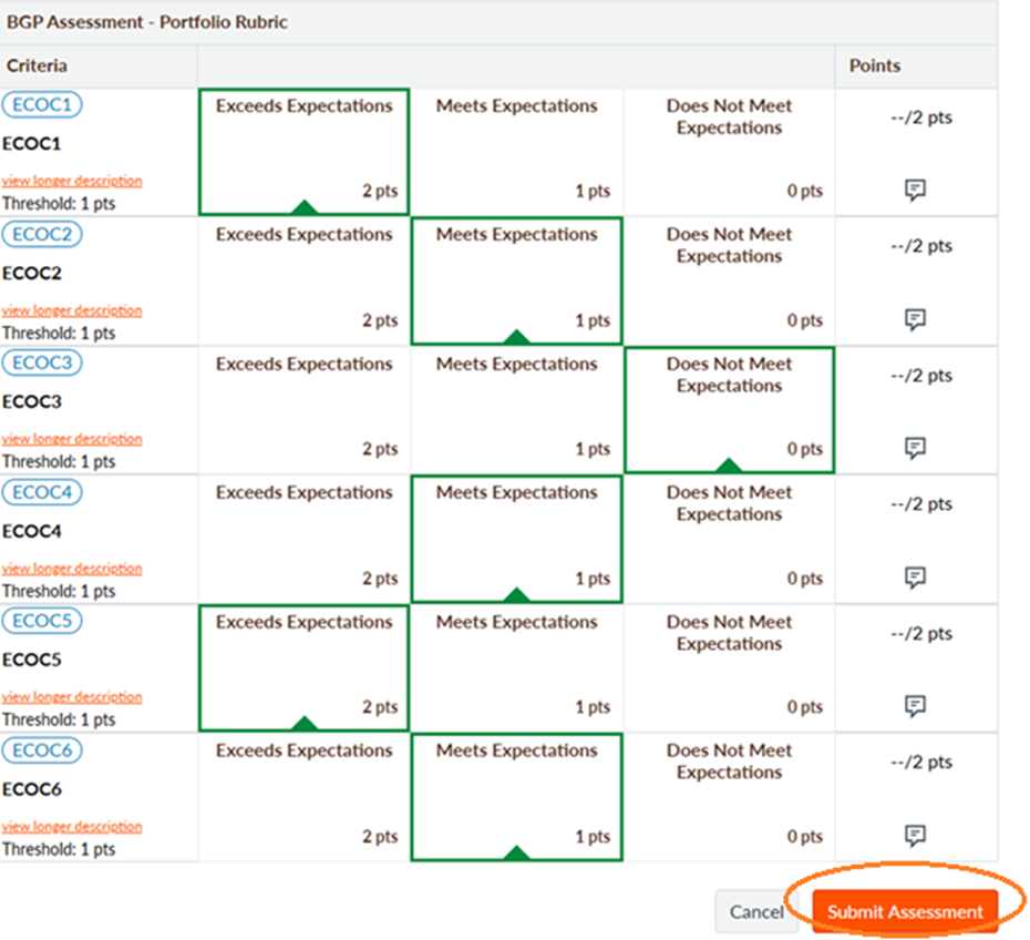 Screenshot of rubric with ratings selected and the "Submit Assessment" button circled. 