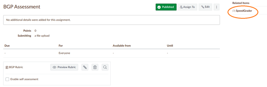 Screenshot of assignment page with "SpeedGrader" circled.