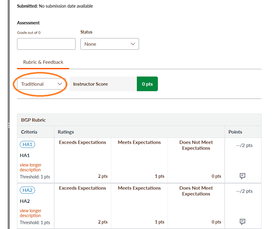 Screenshot of rubric page with "Traditional" circled under the Rubric & Feedback section. 