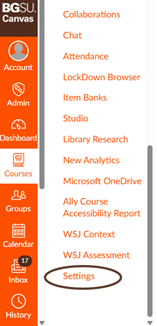 Screenshot of the "Settings" link circled in a Canvas course.