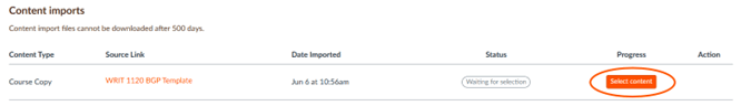 Screenshot of Content imports with "Select content" circled. 