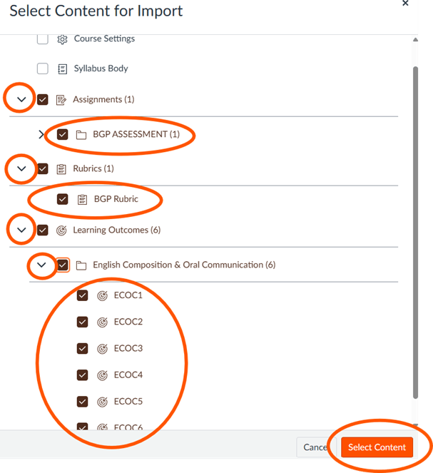 Select Content for Import screenshot with the down arrows circled, BGP assessment circled, BGP Rubric circled, and ECOC domain learning outcomes circled. 
