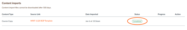 Screenshot of the completed course import with "Completed" circled. 