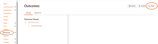 Screenshot of Outcomes page with "Outcomes" circled in the left menu and "Find" circled at the top right. 