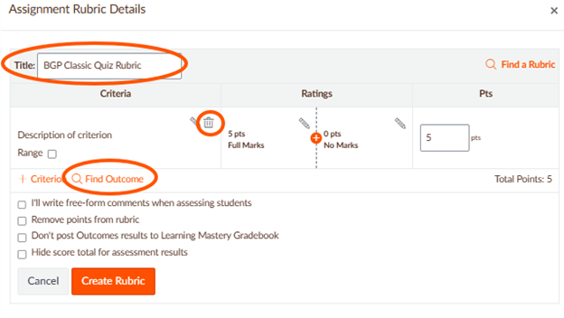 Quiz Rubric with Title, trash can icon, and "Find Outcome" circled. 