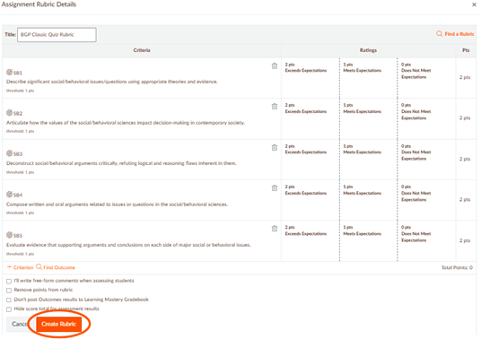 Screenshot of rubric with "Create Rubric" button circled. 