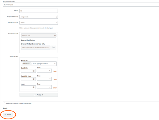 Screenshot of new quiz with "+Rubric" circled.