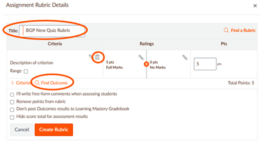 Quiz Rubric with Title, trash can icon, and "Find Outcome" circled. 