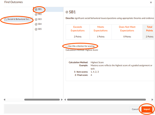 Screenshot of the Find Outcomes page with the "Social and Behavioral Sciences" folder circled, along with "SB1", "Use this criterion for scoring", and "Import". 