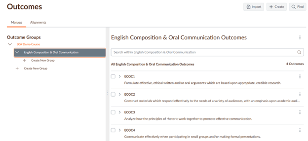 Screenshot of Outcomes page with English Composition & Oral Communication Outcomes listed. 