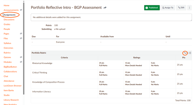 Screenshot of Portfolio Reflective Intro - BGP Assessment assignment with "Assignments" circled in the left menu and the pencil icon circled in the rubric. 