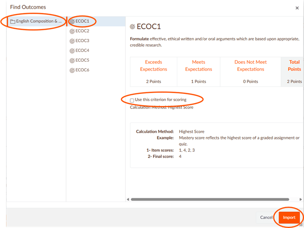 Screenshot of the Find Outcomes page with the "English Composition & Oral Communication" folder circled, along with "ECOC1", "Use this criterion for scoring", and "Import". 