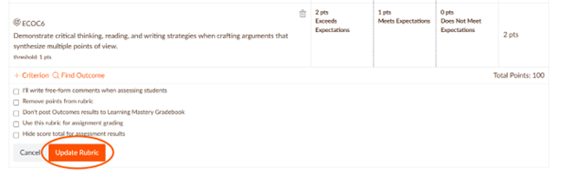 Screenshot of the bottom of a rubric with "Update Rubric" circled. 