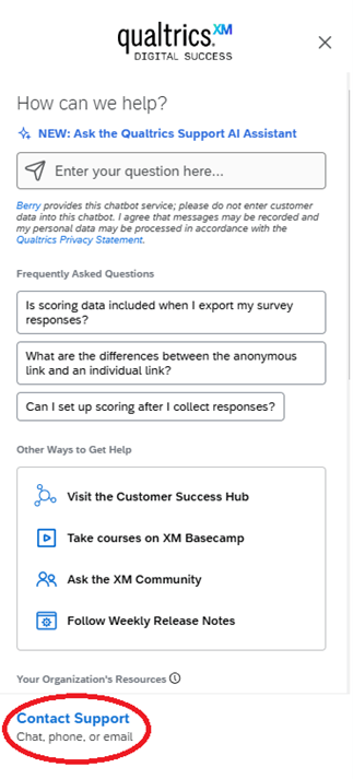 Qualtrics Support layout with the contact support circled in red. 