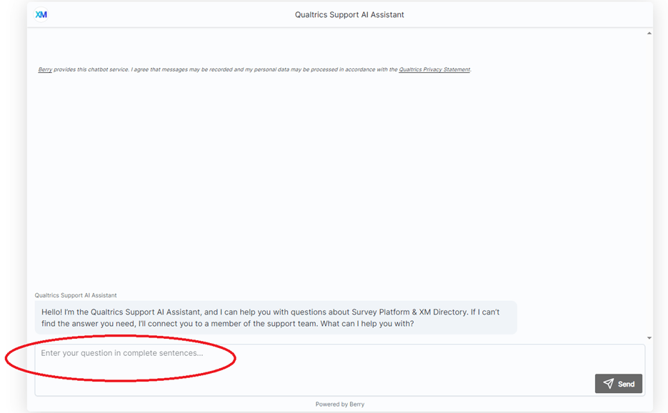 The Qualtrics Support AI Assistant with question prompt circled in red.