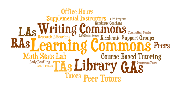 This is an image of a Word Cloud. The words from largest to smallest are learning commons, library, writing commons, course based tutoring, math and stats lab, GAs, TAs, LAs, office hours, RAs, peer tutors, peers, academic support groups, academic coaching, research librarians, body doubling, tutors, Life Design Center, counseling center, department tutors, FLY program, and Radbill Center.  