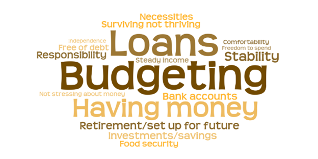 This is an image of a Word Cloud in different shades of brown and orange. The words from largest to smallest are Budgeting, Loans, Having money, Stability, Bank accounts, Retirement/set up for future, Investments/savings, Responsibility, Surviving not thriving, Necessities, Food security, Free of debt, Not stressing about money, Steady income, Comfortability, Freedom to Spend, and Independence.