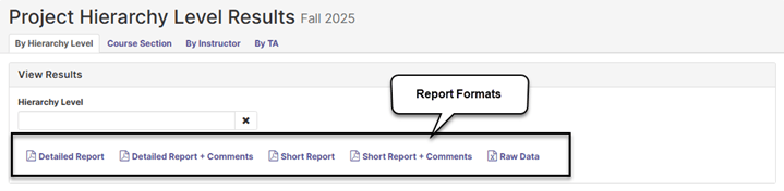 Screenshot of the Project Hierarchy Level Results page for Fall 2025, showing the By Hierarchy Level tab selected. Below the Hierarchy Level search field, five report format links are displayed in a row, each preceded by a document icon: Detailed Report, Detailed Report + Comments, Short Report, Short Report + Comments, and Raw Data. A callout annotation with a rounded border labels these links as 'Report Formats.'