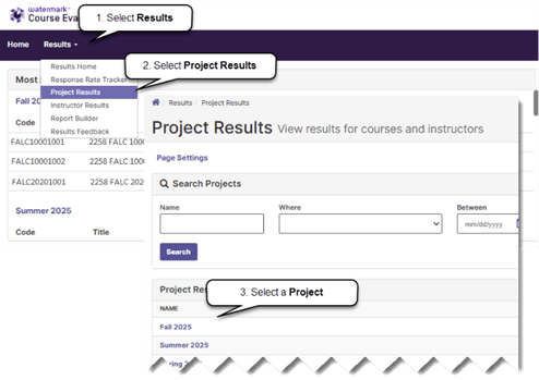 Screenshot showing how to navigate to the Project Results page in the Course Evaluations & Surveys system. The Results dropdown menu in the top navigation bar is expanded, revealing menu options including Results Home, Response Rate Tracker, Project Results (highlighted), Instructor Results, Report Builder, and Results Feedback. Below the menu, the Project Results page is visible with a Search Projects form. The Project Results table lists evaluation projects including Fall 2025 and Summer 2025. Three numbered callout annotations guide the user: '1. Select Results,' '2. Select Project Results,' and '3. Select a Project.'  Screenshot showing how to navigate to the Project Results page in the Course Evaluations & Surveys system. The Results dropdown menu in the top navigation bar is expanded, revealing menu options including Results Home, Response Rate Tracker, Project Results (highlighted), Instructor Results, Report Builder, and Results Feedback. Below the menu, the Project Results page is visible with a Search Projects form. The Project Results table lists evaluation projects including Fall 2025 and Summer 2025. Three numbered callout annotations guide the user: '1. Select Results,' '2. Select Project Results,' and '3. Select a Project.'