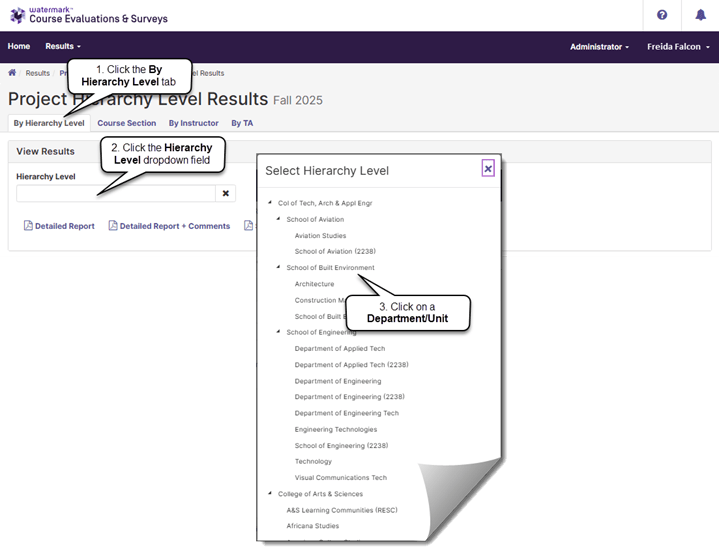 Screenshot showing how to search for results using the By Hierarchy Level tab. The By Hierarchy Level tab is selected, and a 'Select Hierarchy Level' dialog box is open, displaying a scrollable tree of the university's evaluation hierarchy. The tree is organized by college, with expandable sections showing schools and departments beneath each college. Visible entries include Col of Tech, Arch & Appl Engr with child nodes for School of Aviation (containing Aviation Studies and School of Aviation), School of Built Environment (containing Architecture and Construction Management), and School of Engineering (containing multiple departments). The College of Arts & Sciences is also visible with child nodes beginning to appear. Three numbered callout annotations guide the user through the steps: '1. Click the By Hierarchy Level tab,' '2. Click the Hierarchy Level dropdown field,' and '3. Click on a Department/Unit.