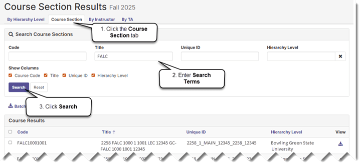 Screenshot of the Course Section Results page for Fall 2025, showing the Course Section tab selected. The search area contains four fields: Code, Title (populated with 'FALC'), Unique ID, and Hierarchy Level. A Show Columns section displays checkboxes for Course Code, Title, Unique ID, and Hierarchy Level, all checked. Below the search area, the Course Results table shows one result row for course FALC20001001 with its full Canvas title, unique ID, and hierarchy level of Bowling Green State University, with a View icon in the rightmost column. Three numbered callout annotations guide the user: '1. Click the Course Section tab,' '2. Enter Search Terms,' and '3. Click Search.'