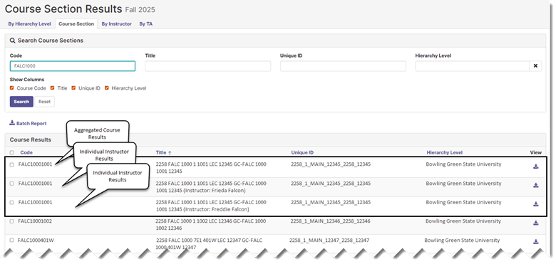 Screenshot of the Course Section Results page for Fall 2025, showing search results for code 'FALC1000.' The Course Results table displays multiple rows, including three rows for the same course code FALC10001001, demonstrating how co-taught courses appear in the results. Three callout annotations explain the rows: the first row is labeled 'Aggregated Course Results,' and the second and third rows — which include instructor names 'Frieda Falcon' and 'Freddie Falcon' in parentheses in the title field — are each labeled 'Individual Instructor Results.' Additional course sections FALC10001002 and FALC1000401W are also shown below, each with a single row. All courses display the hierarchy level of Bowling Green State University and have View icons in the rightmost column.