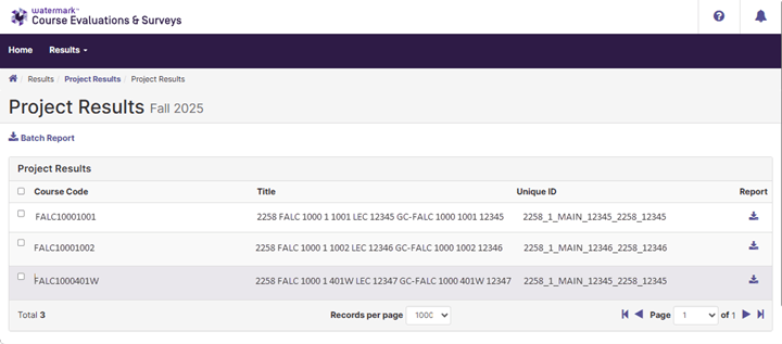 Screenshot of the Project Results page for Fall 2025 showing an instructor's course list. The Project Results table displays three course sections with their Course Code, Title, Unique ID, and a Report download icon in the rightmost column. Course codes shown are FALC10001001, FALC10001002, and FALC1000401W. A Batch Report link appears above the table. No callout annotations are present.