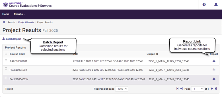 Screenshot of the Project Results page for Fall 2025, highlighting the two methods available for downloading reports. The same three-course list is displayed. Two callout annotations label the interface elements: 'Batch Report — Combined results for selected sections' pointing to the Batch Report link above the table, and 'Report Link — Generates reports for individual course sections' pointing to the download icon in the rightmost column.