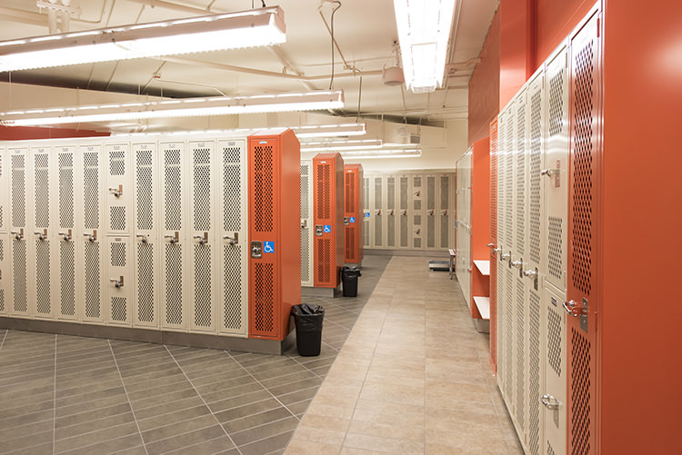 A room of rentable lockers in the BGSU recreation and wellness center.