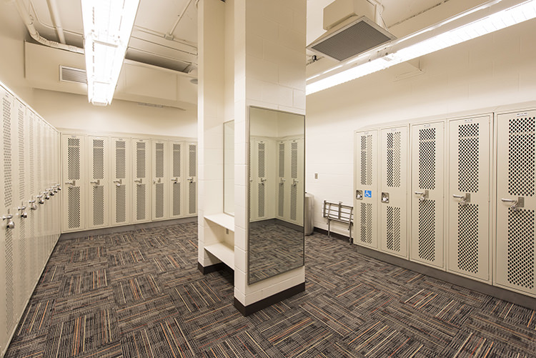 A locker area in the Bowling Green rec center, the lockers are rentable by the day, semester or year.