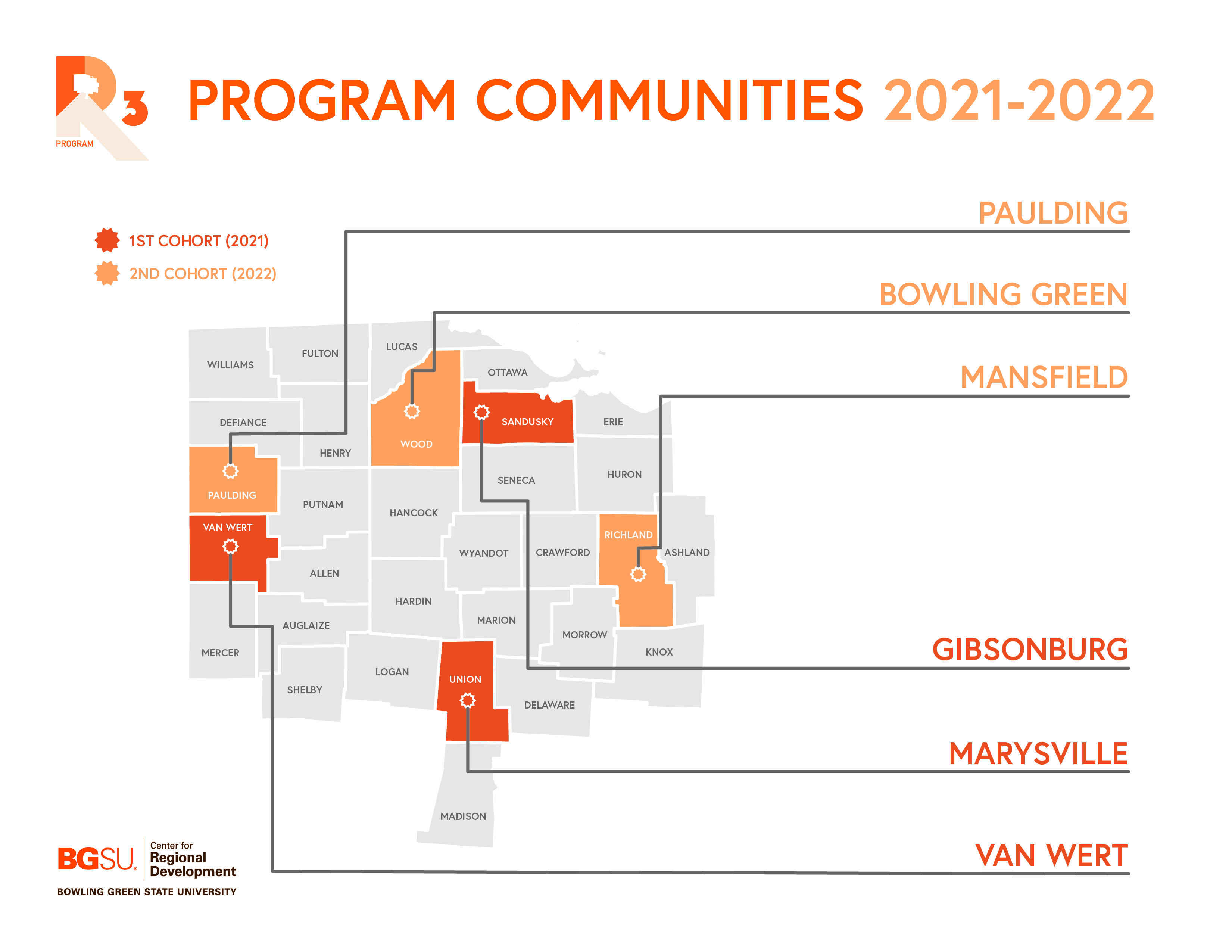 Map graphic showing counties and communities that were serviced by CRD highlighted in dark orange for 2021 and light orange for 2022.