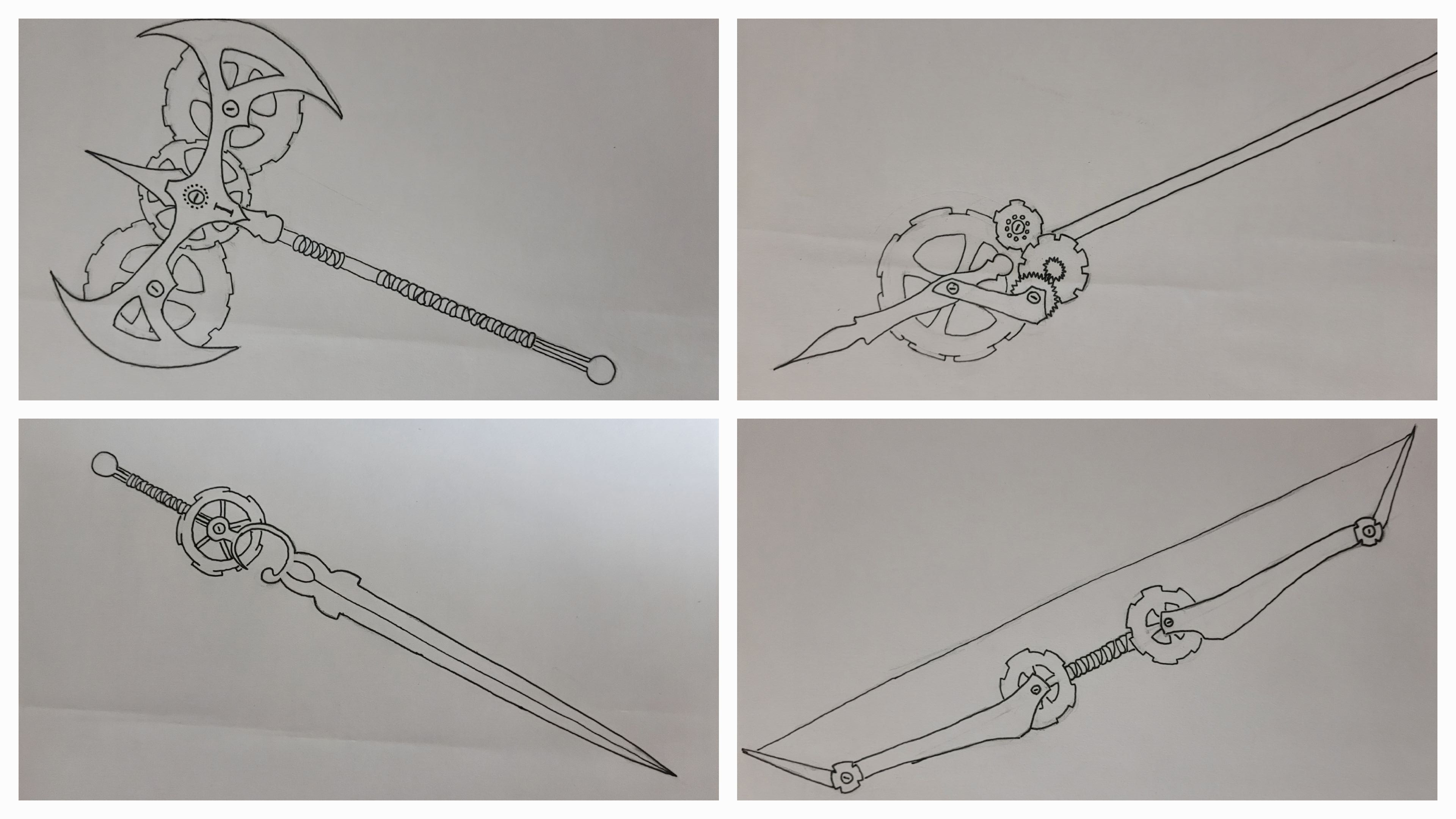 Four different drawings. One of a sword, another as an ax, a third as a spear, and the last one being a bow. All are made up of gears and other clockwork pieces.