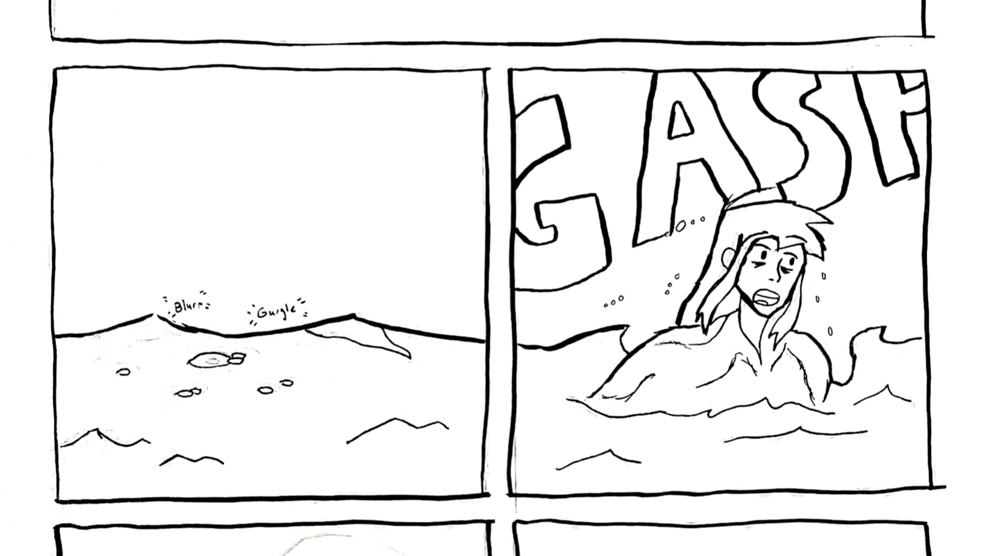 2 panels of first page of Colors Zine. Black and white drawing of somebody surfacing in a body of water