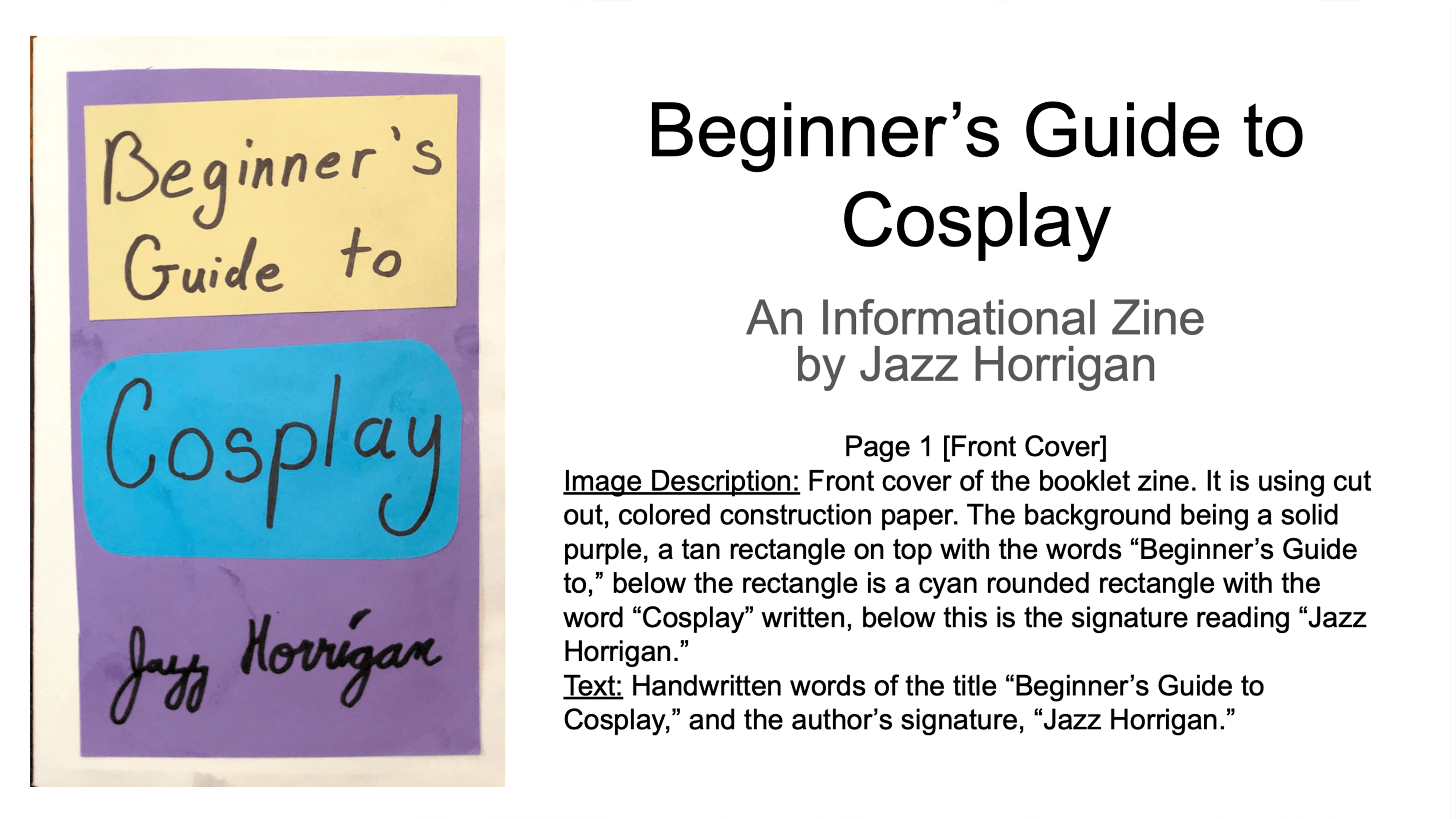 First page of Jazz's zine, titled "beginner's guide to cosplay"