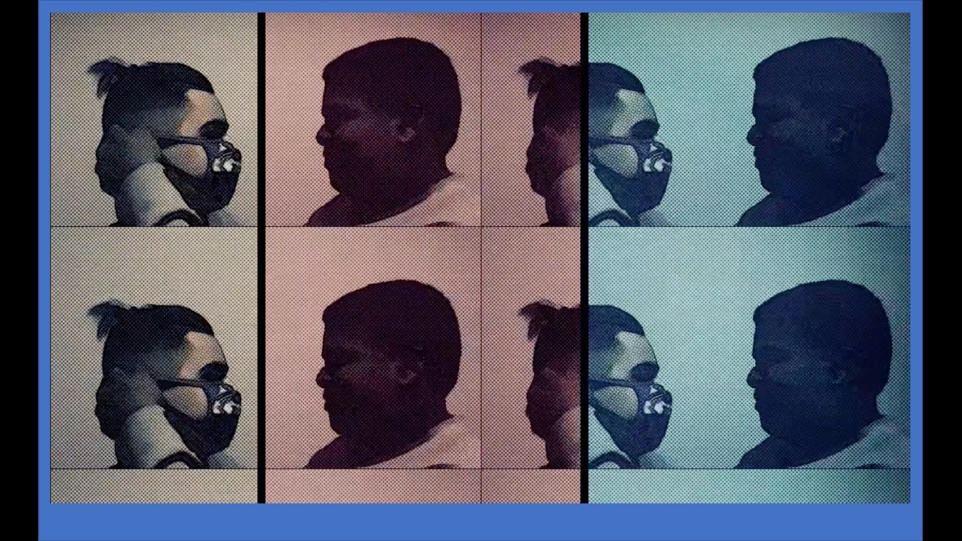 static grid of repeated two heads with one person removing another person’s COVID mask]