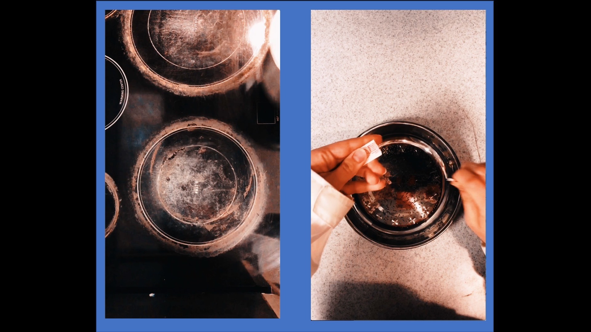 photos of abstract close-up of an electric stove top and hands opening packet over metal bowl