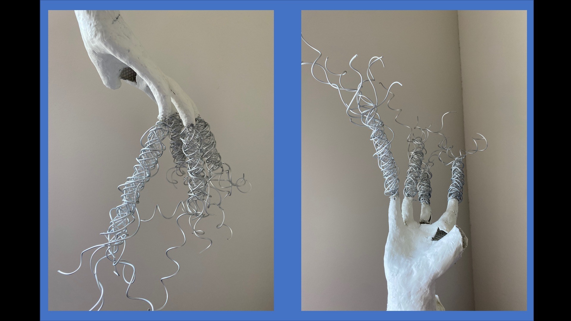 plaster cast sculpture of damaged hollow hand with long twisting wire coil extensions from fingers