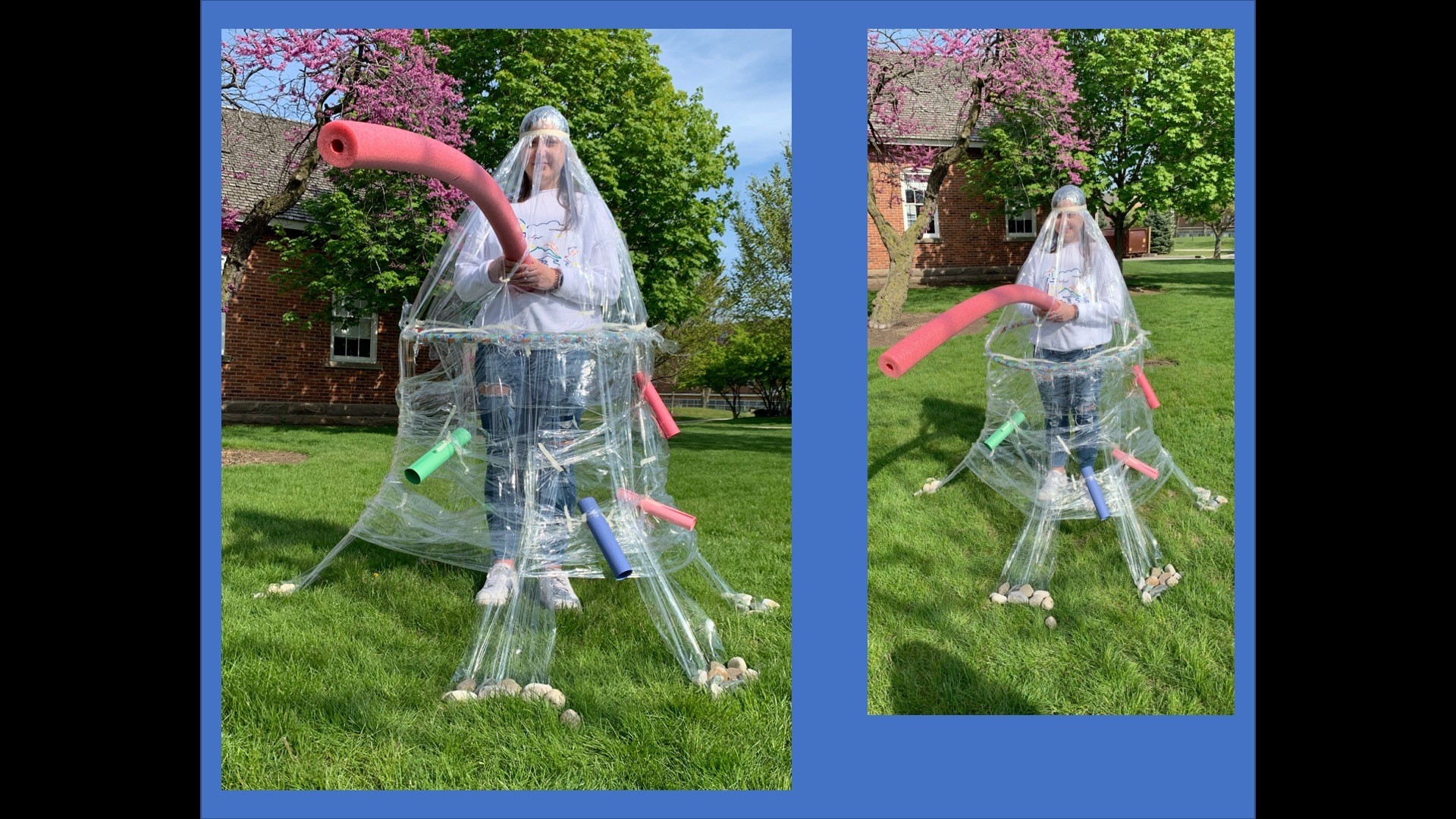 outside photo of figure wearing of plastic tent structure with swimming noodles