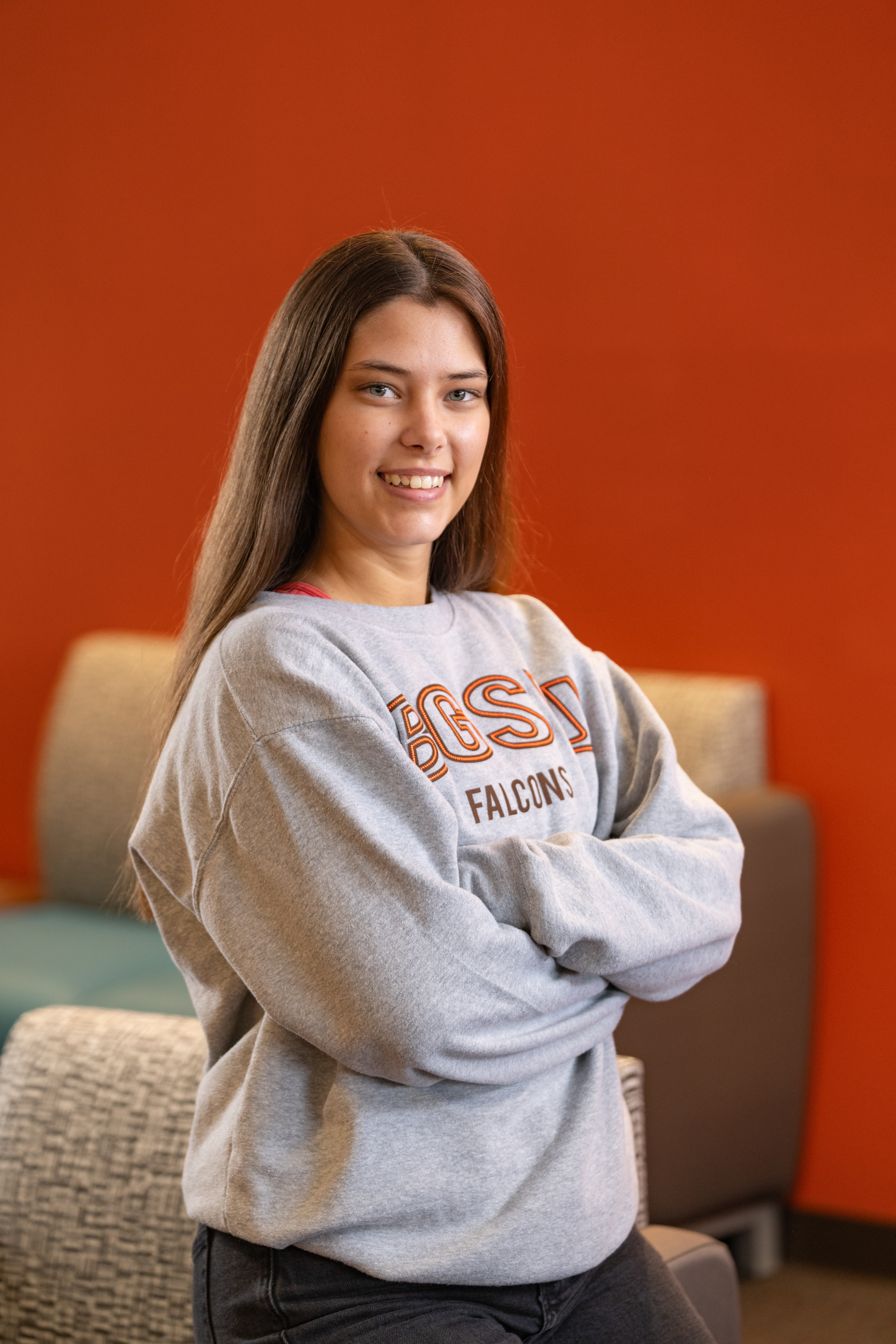 BGSU student wearing a Falcon Fitness shirt